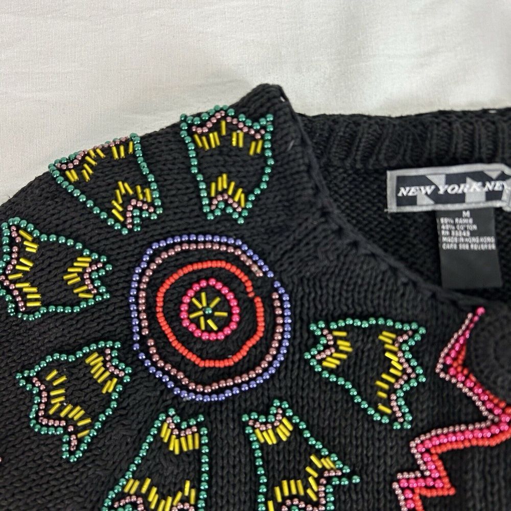 Vintage New York‎ News 1980s Boxy Beaded Black Cardigan Sweater Medium - Picture 9 of 11